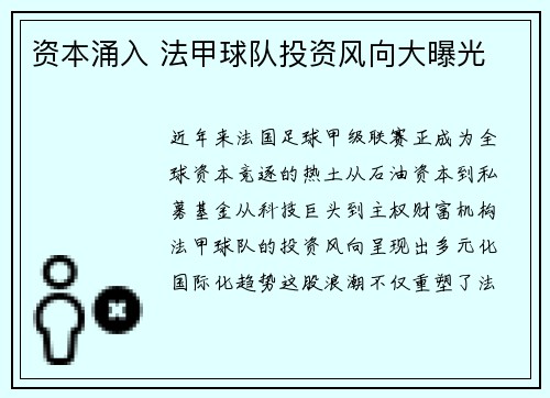资本涌入 法甲球队投资风向大曝光